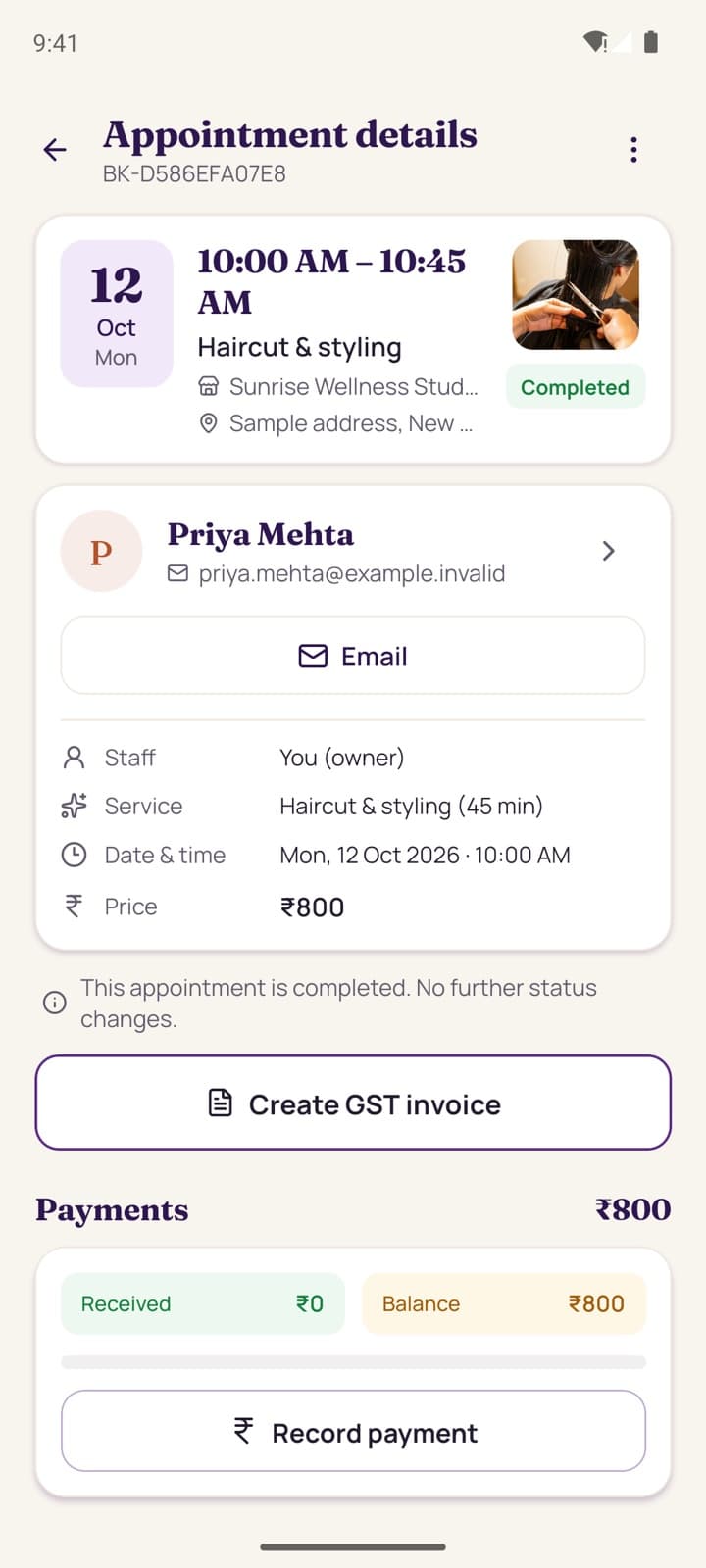 Business app: appointment details with payments