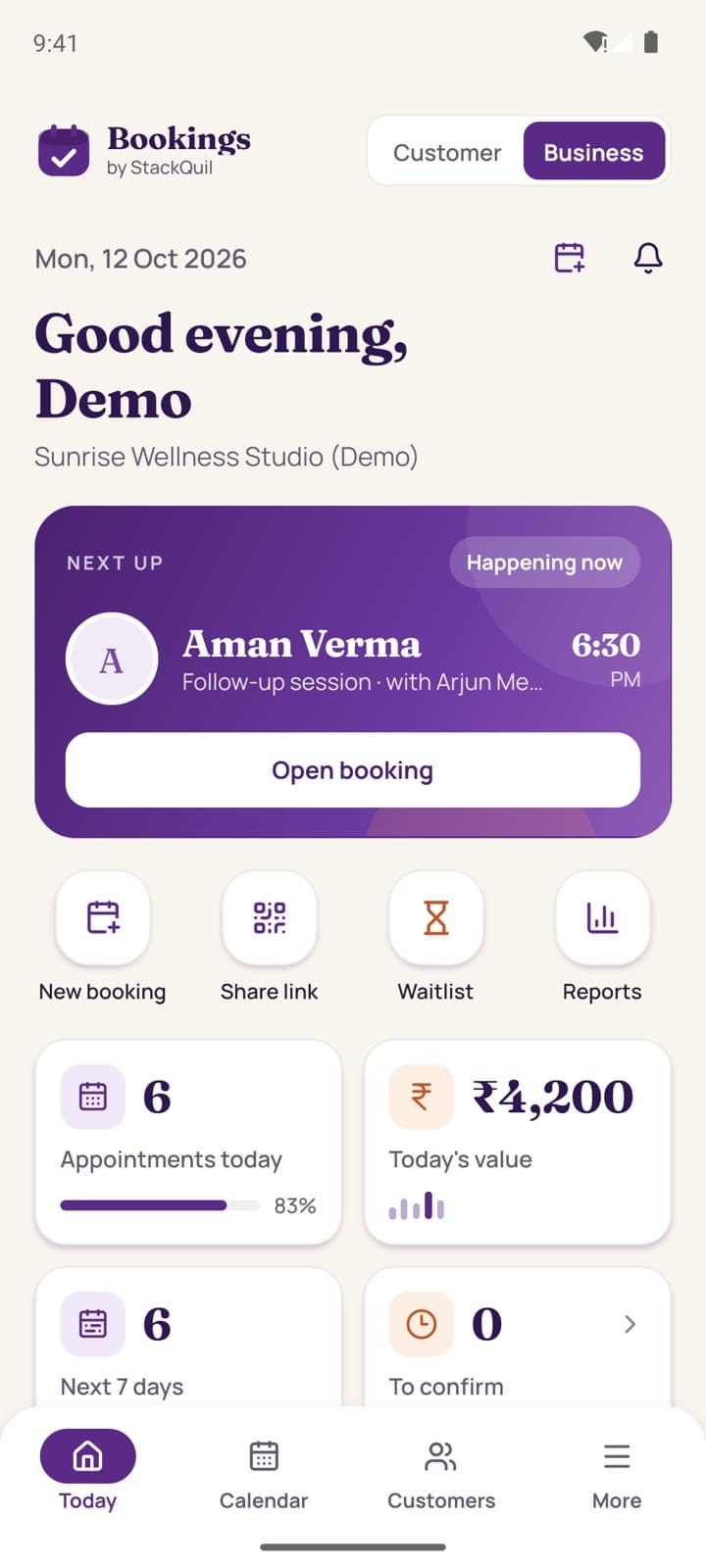 Bookings Android app: today's schedule with the next customer