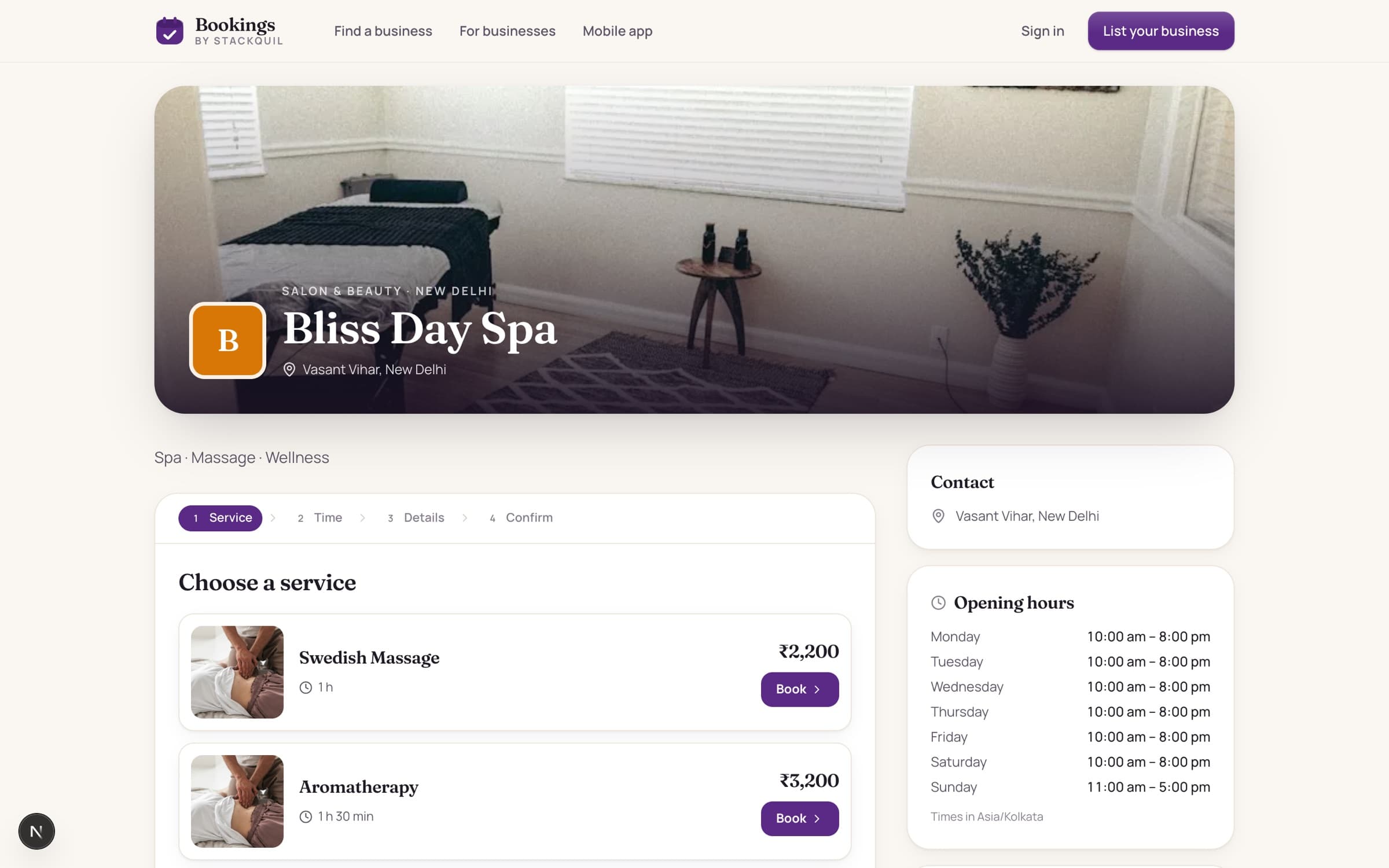 Public booking page for a spa with cover photo and services