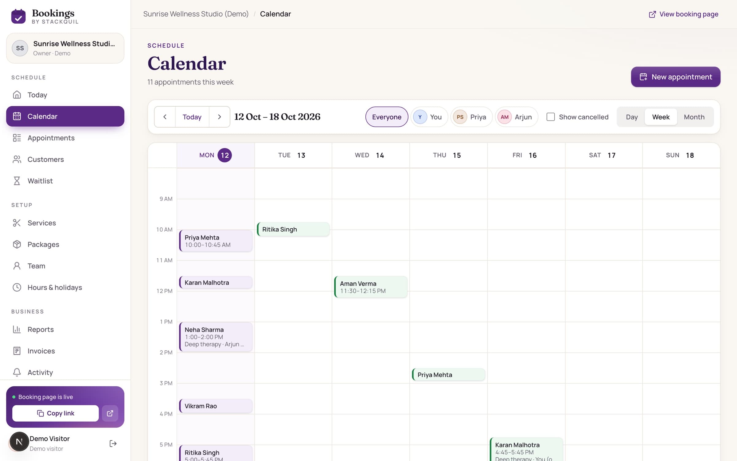 Team calendar in the web dashboard, week view