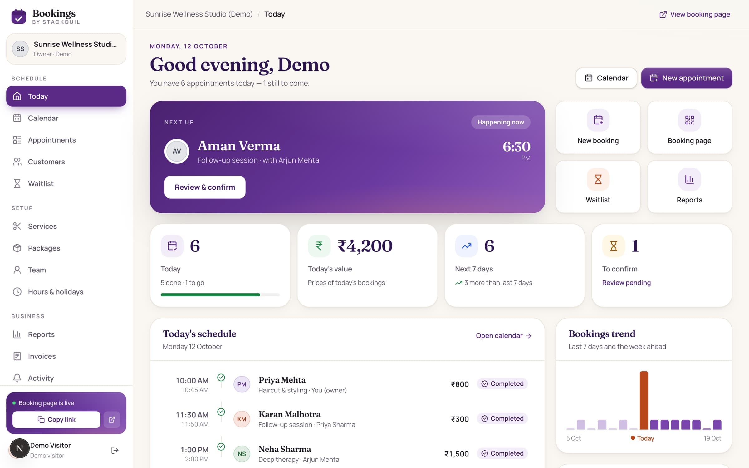 Bookings web dashboard: next appointment, quick actions, today's numbers and schedule